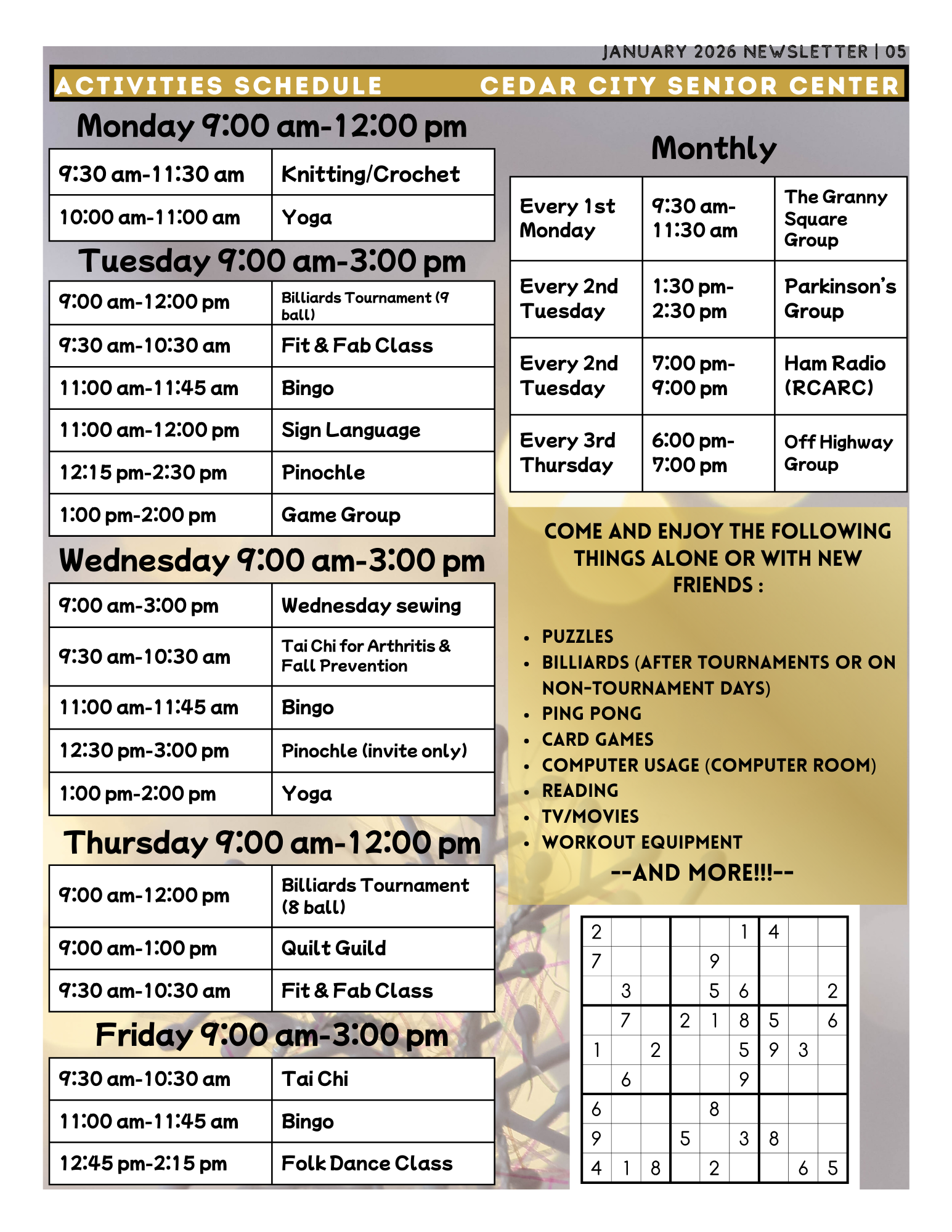 Cedar Senior Center activity schedule