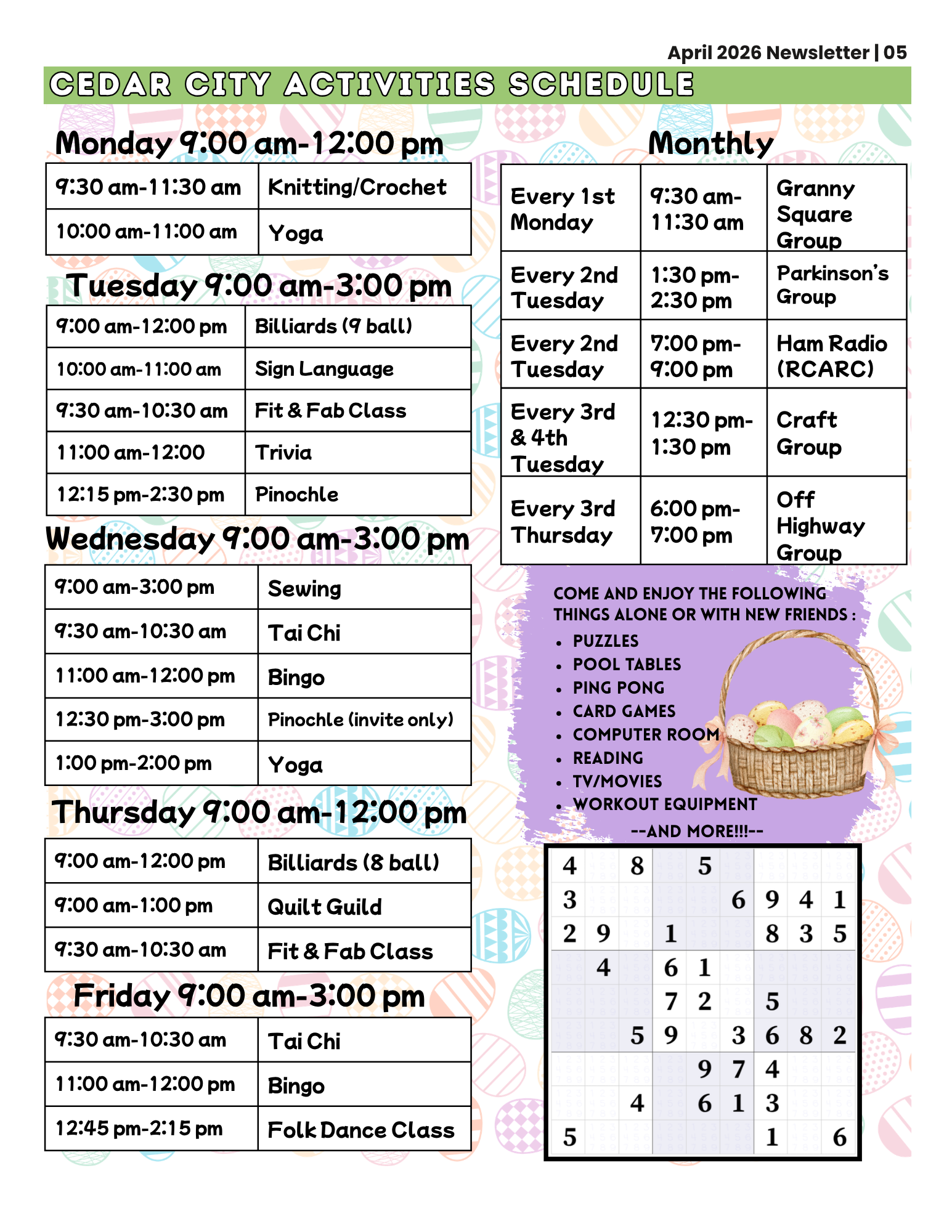 Cedar Senior Center activity schedule