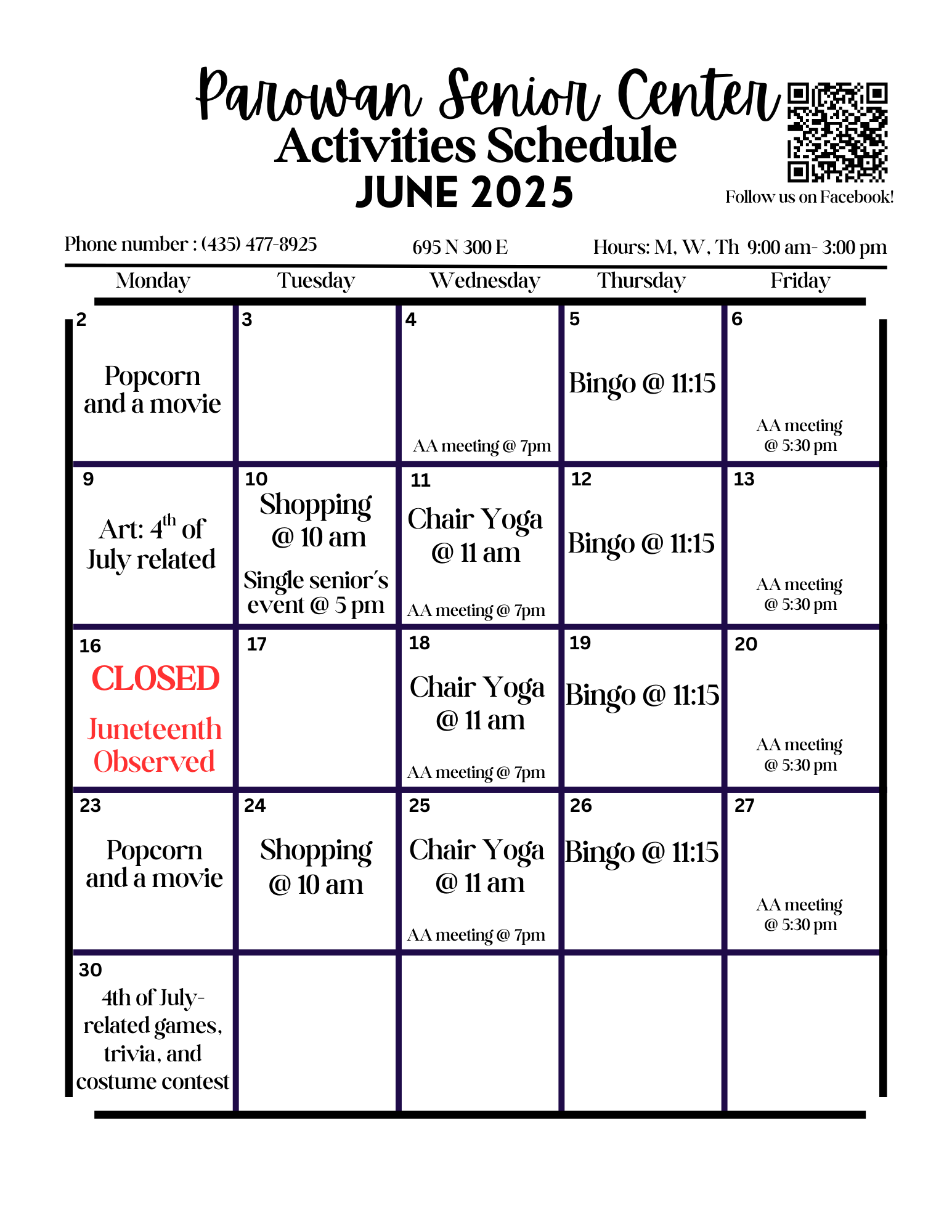 Parowan Senior Center activity schedule