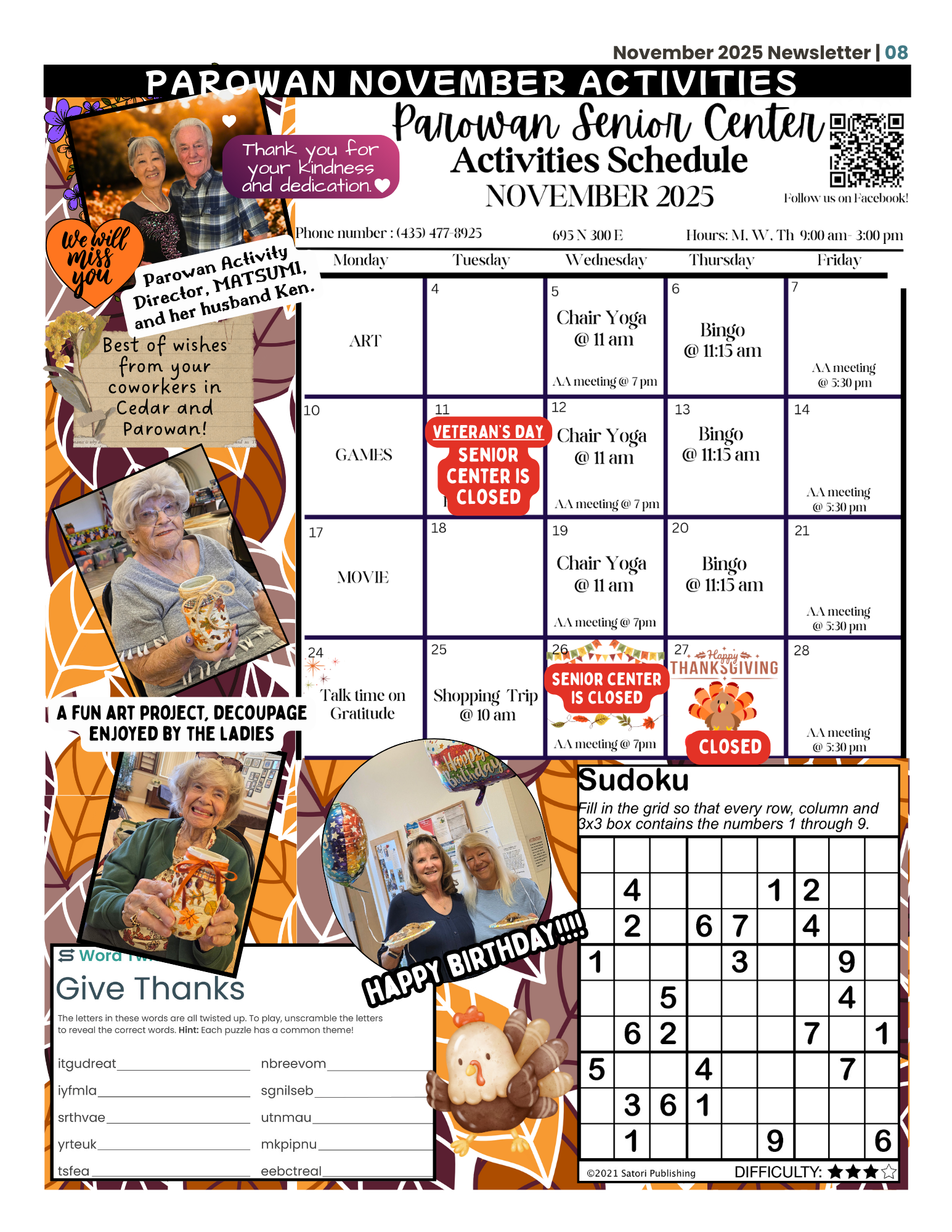 Parowan Senior Center activity schedule