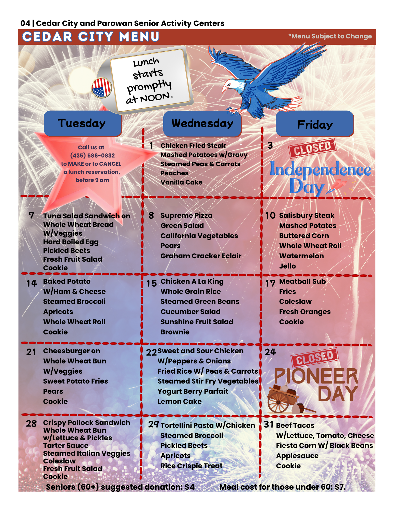 Cedar Senior Center weekly menu