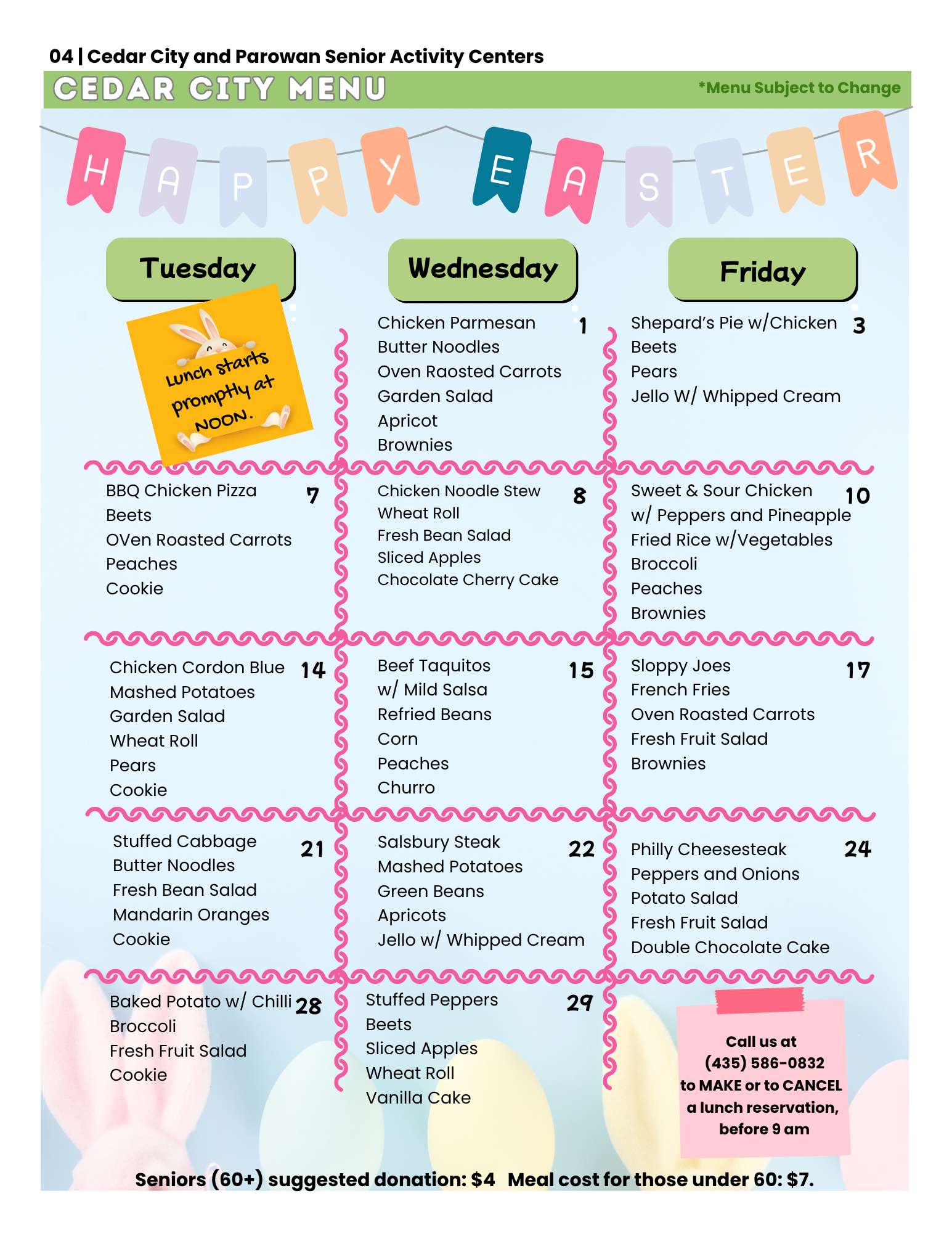 Cedar Senior Center weekly menu