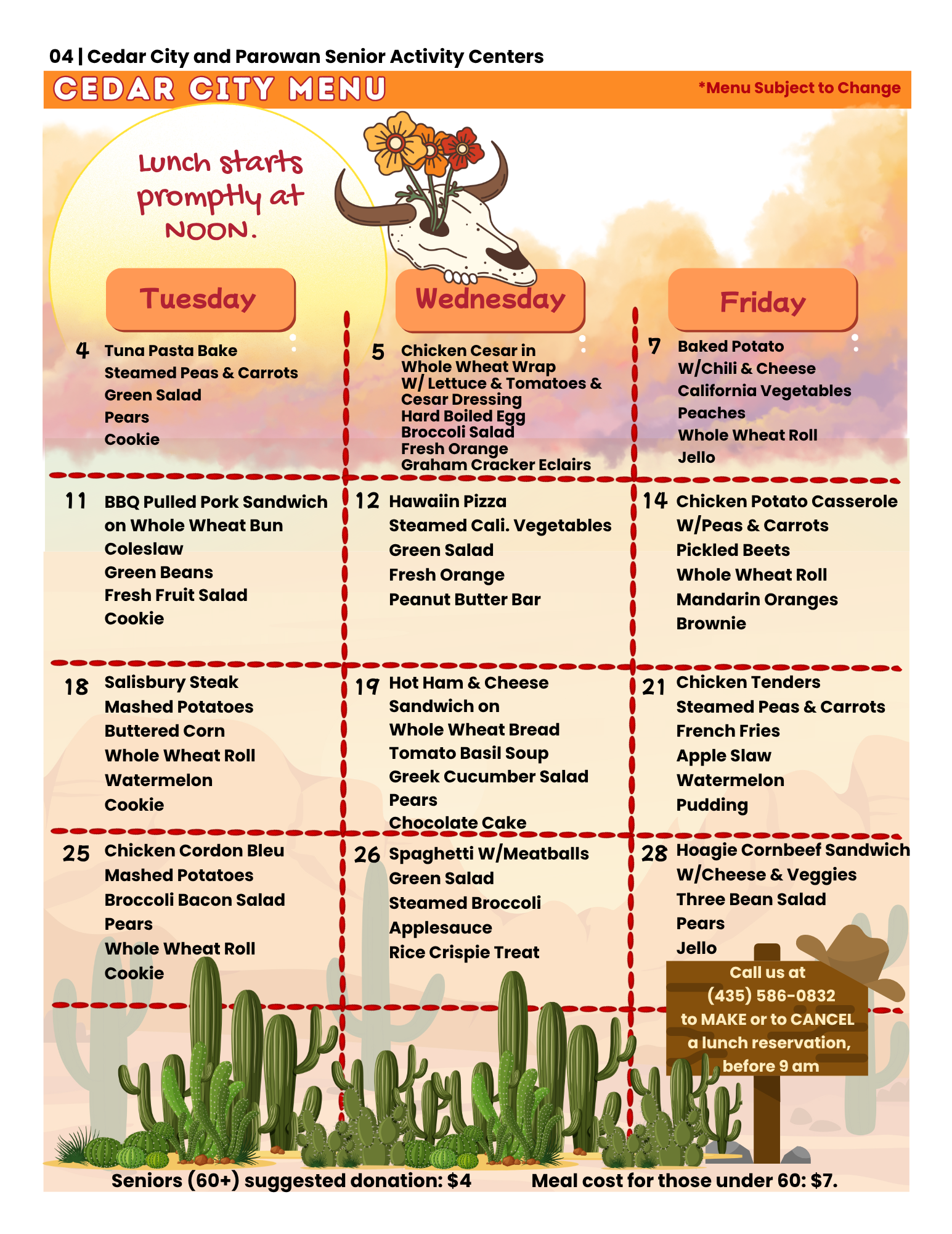 Cedar Senior Center weekly menu