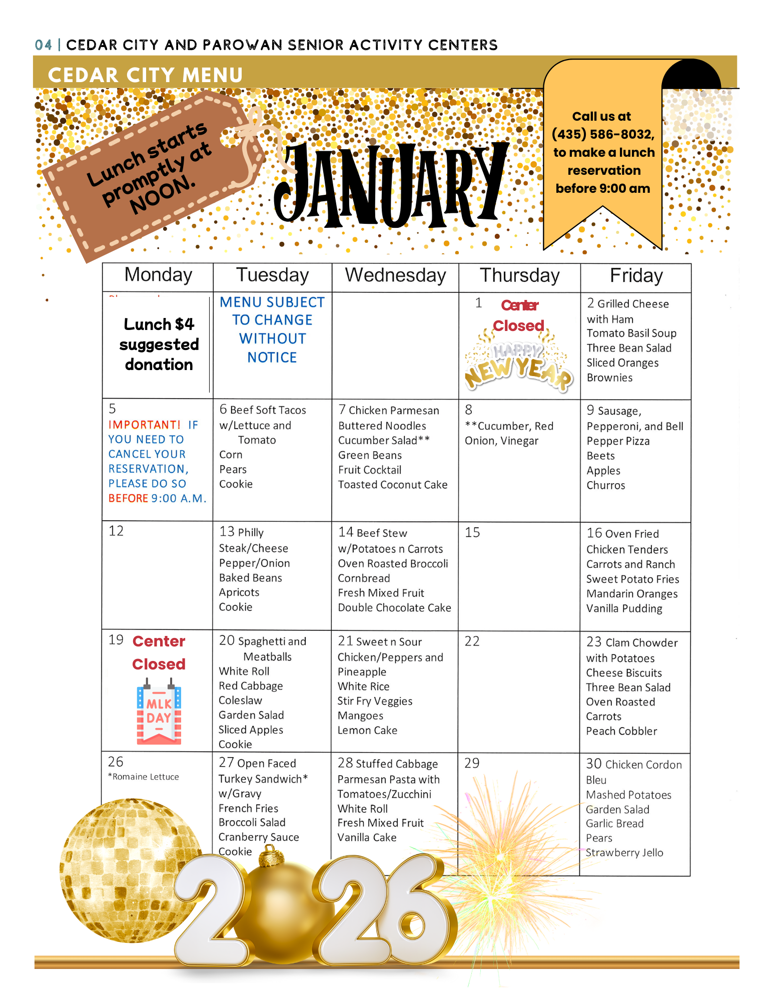 Cedar Senior Center weekly menu