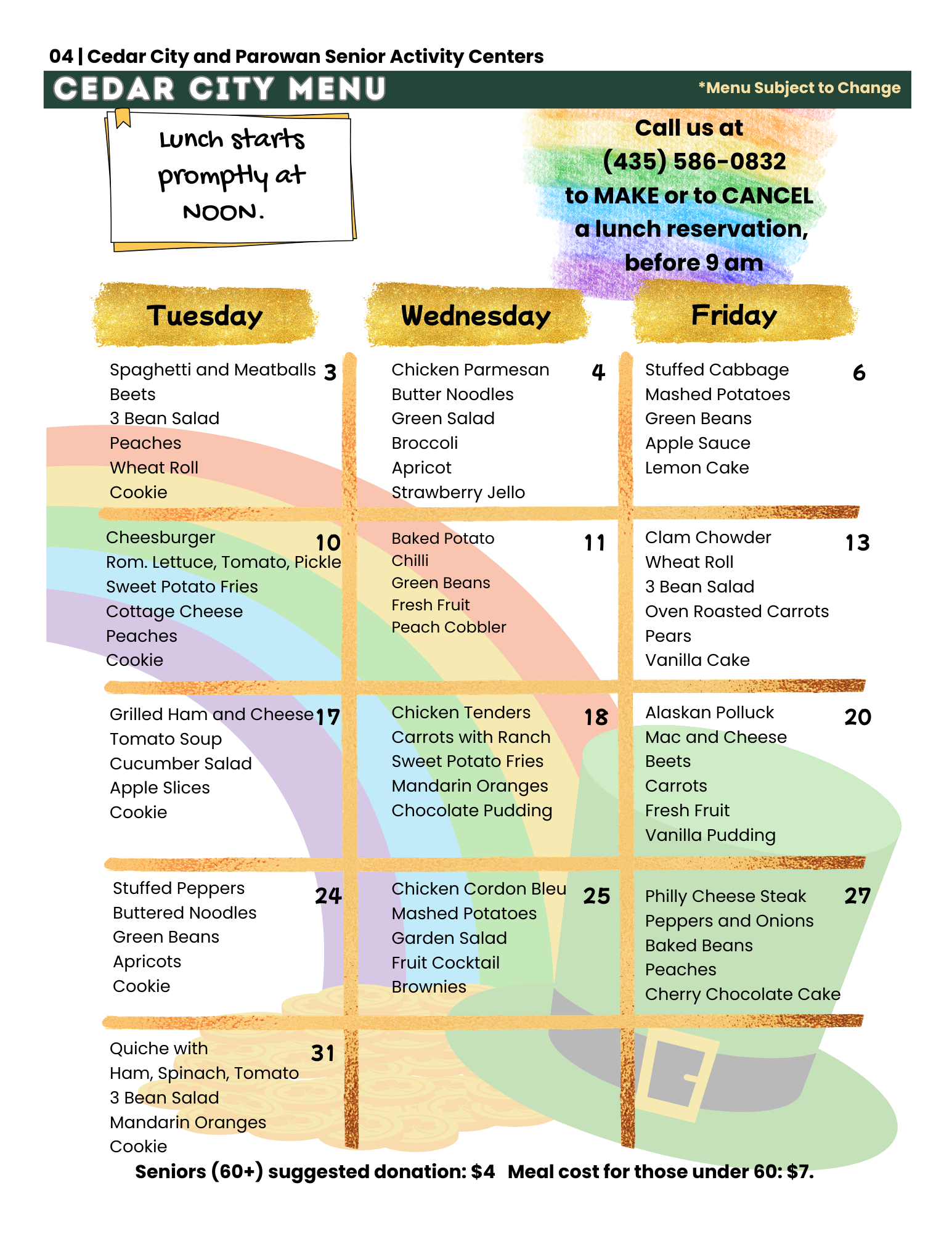 Cedar Senior Center weekly menu