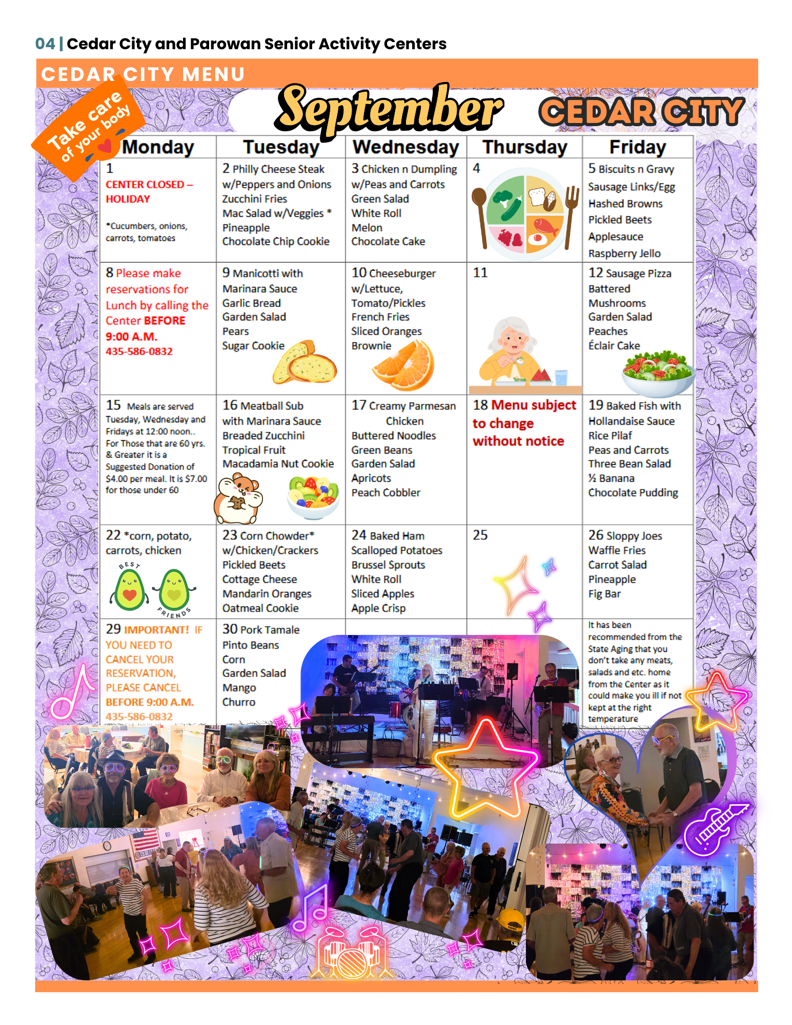 Cedar Senior Center weekly menu