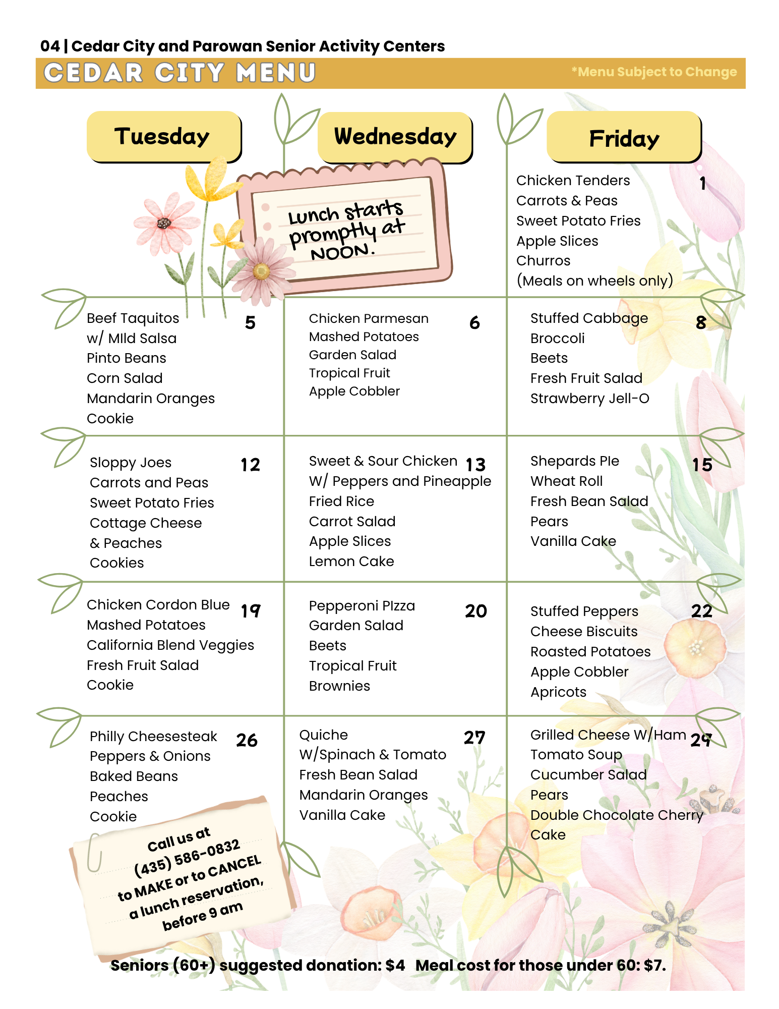 Cedar Senior Center weekly menu