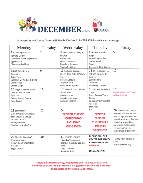 Parowan Senior Center menu